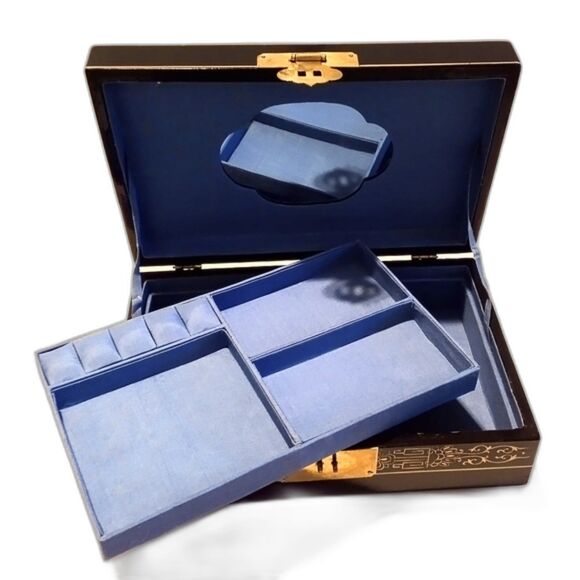 Vintage Asian Laquer Ware Carved Stone Jewelry Box - Picture 6 of 10